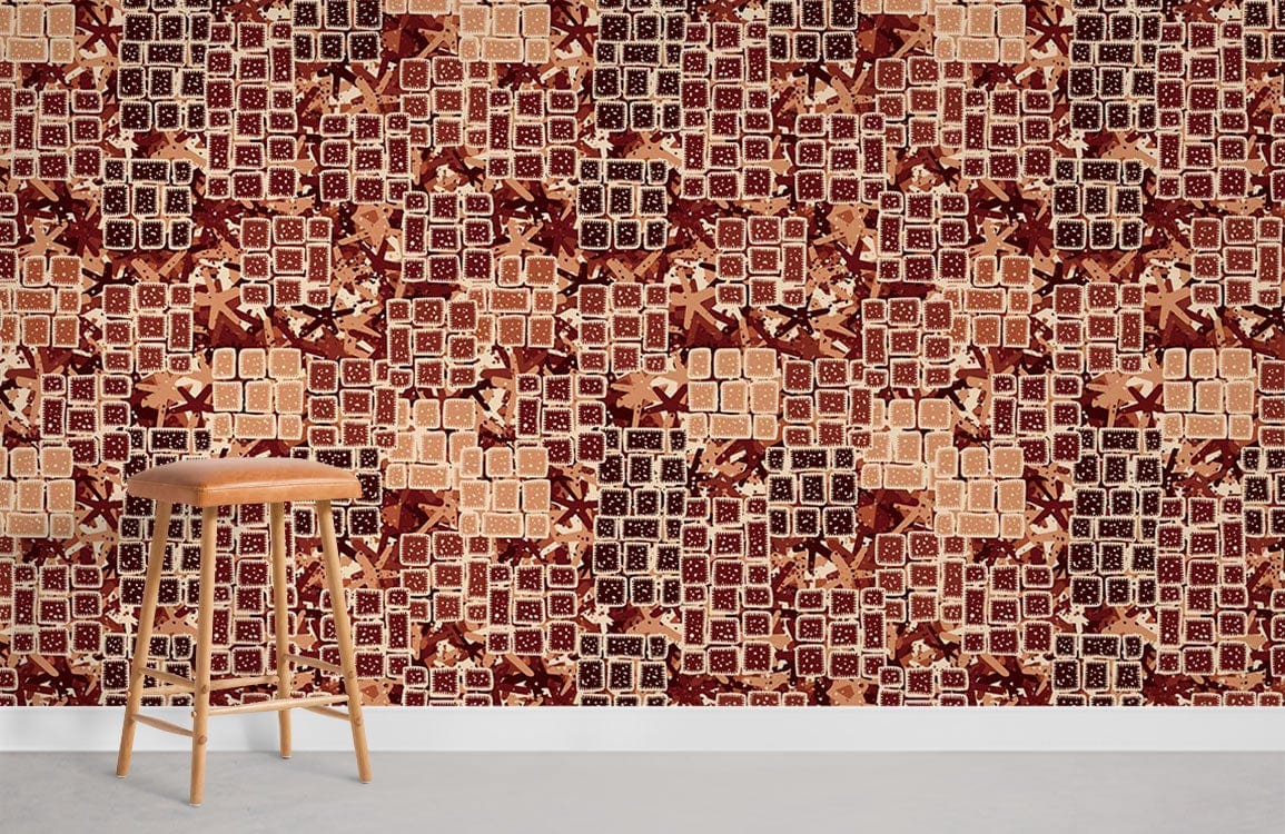 Rustic Autumn Mosaic Wallpaper with earthy tones, geometric design, wooden stool, minimalist room style.