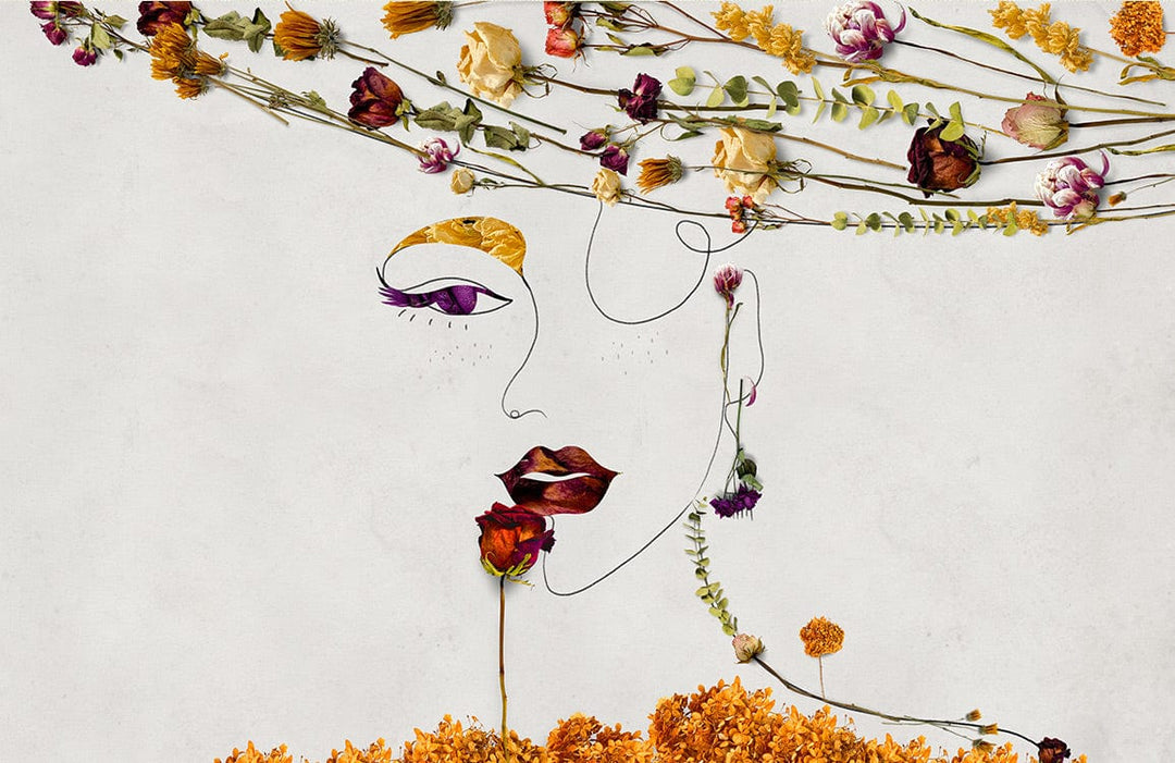 Floral Line Art Mural Wallpaper: Elegant Botanical Design in Earthy Tones