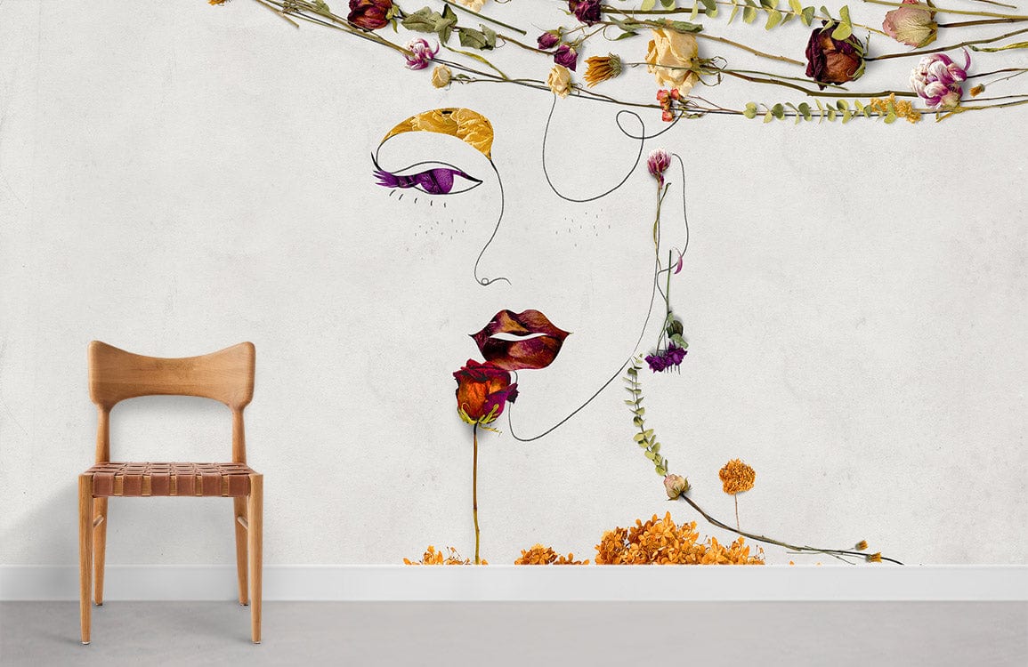 Floral Line Art Mural Wallpaper in earthy tones, elegant design with wooden chair and light flooring.