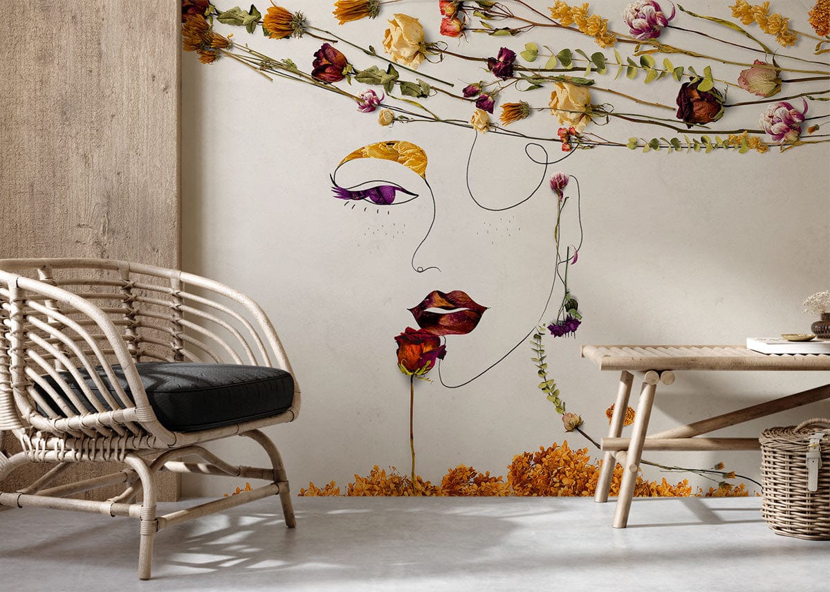 Floral Line Art Mural Wallpaper: Elegant Botanical Design in Earthy Tones