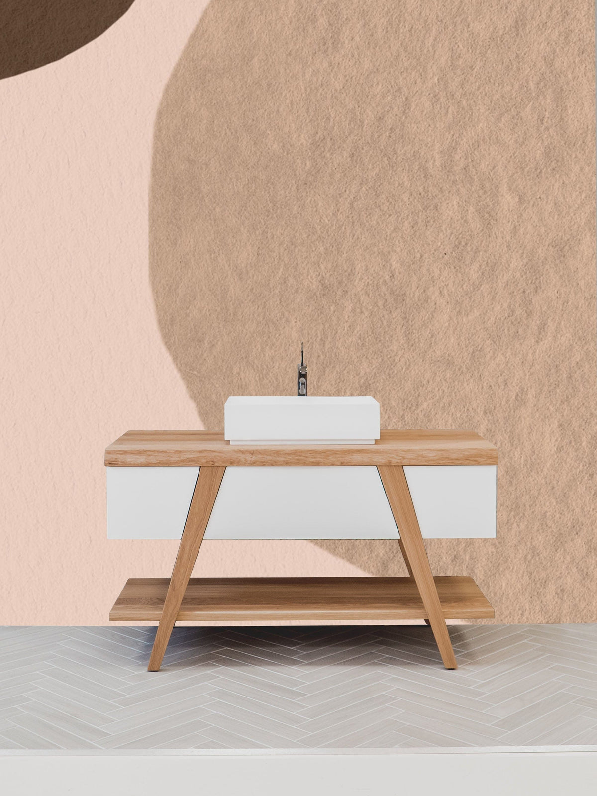 Contemporary Earthy Tones Abstract Wallpaper in modern room with minimalist wooden console and herringbone flooring.