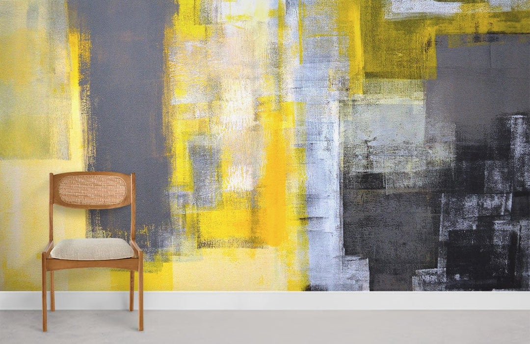 Abstract Yellow Grey Mural Wallpaper for Modern Interiors, featuring a minimalist wooden chair and grey flooring.
