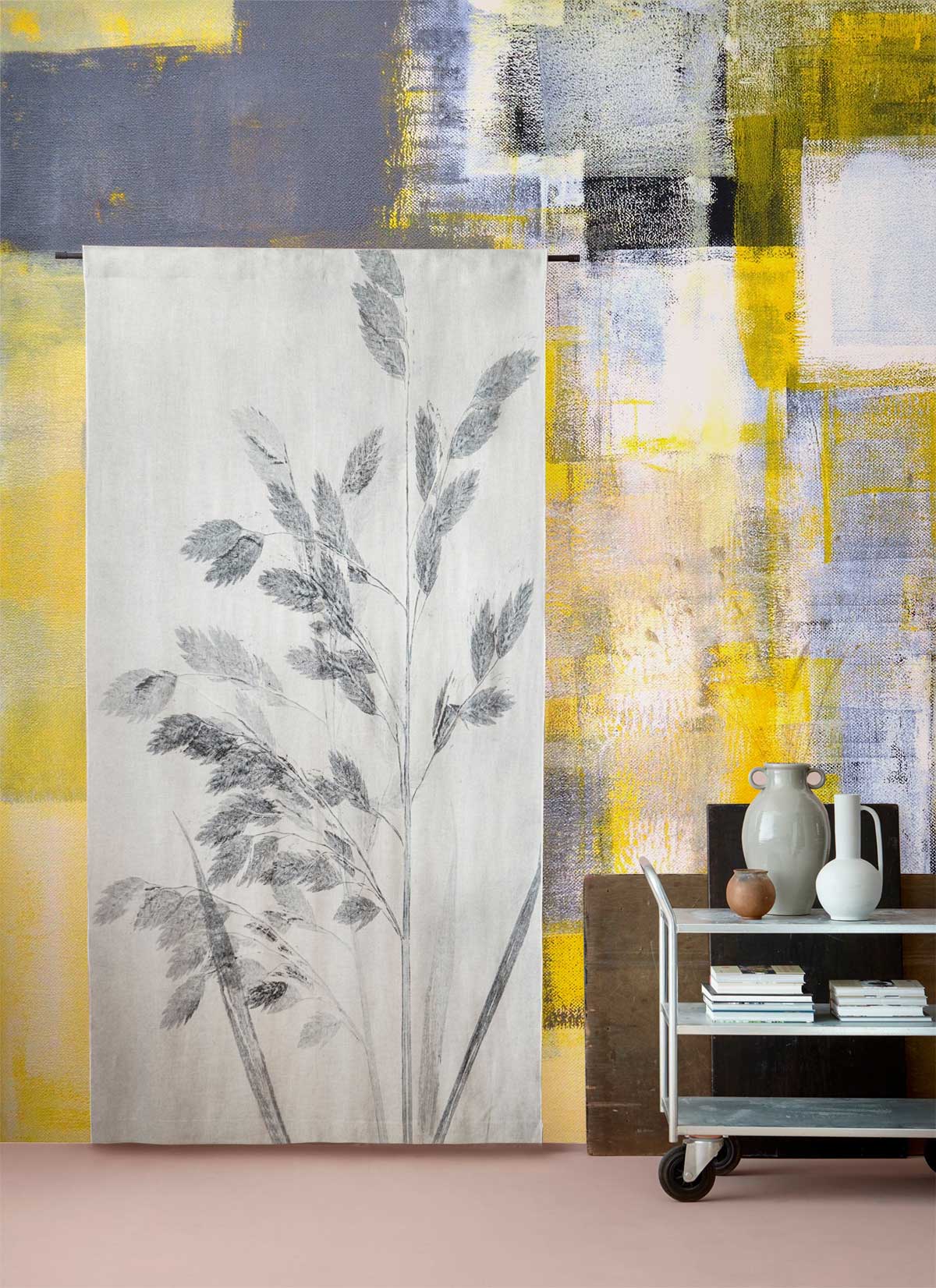 Abstract Yellow Grey Contemporary Art Mural Wallpaper, modern interior, art wall, beige flooring, decorative cart.