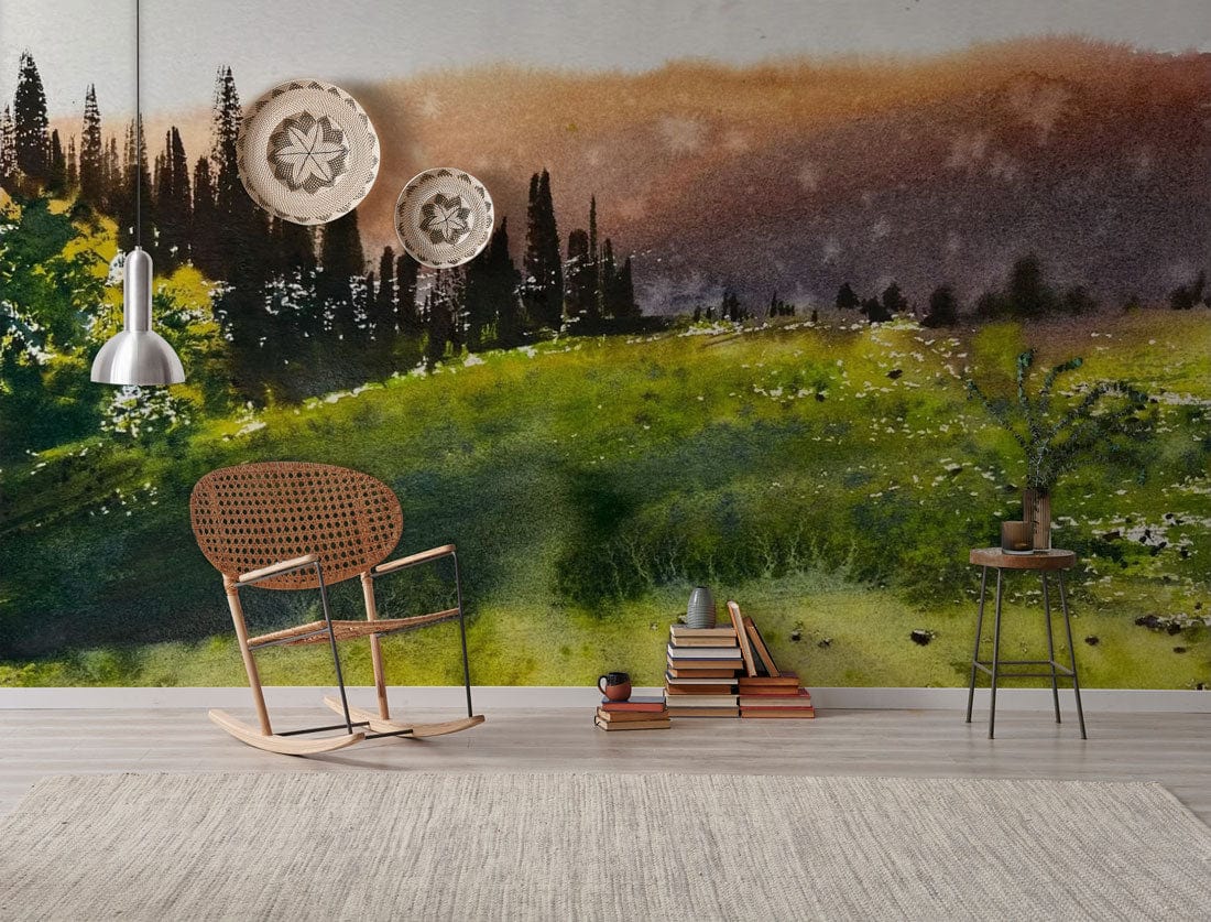 Serene Countryside Mural Wallpaper in earthy tones, wicker chair, wooden flooring, decorative plates on wall.