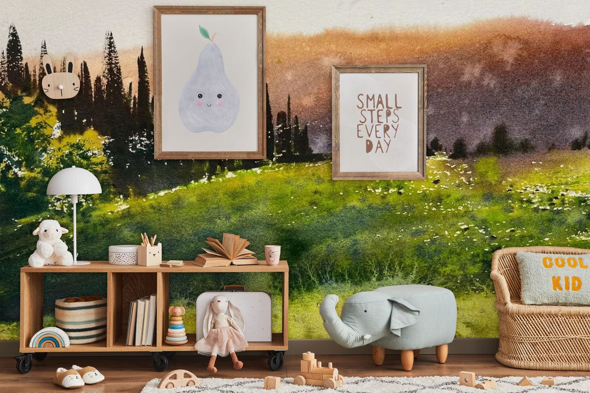 Nursery with Serene Countryside mural, wooden storage unit, wicker chair, plush elephant, play area.