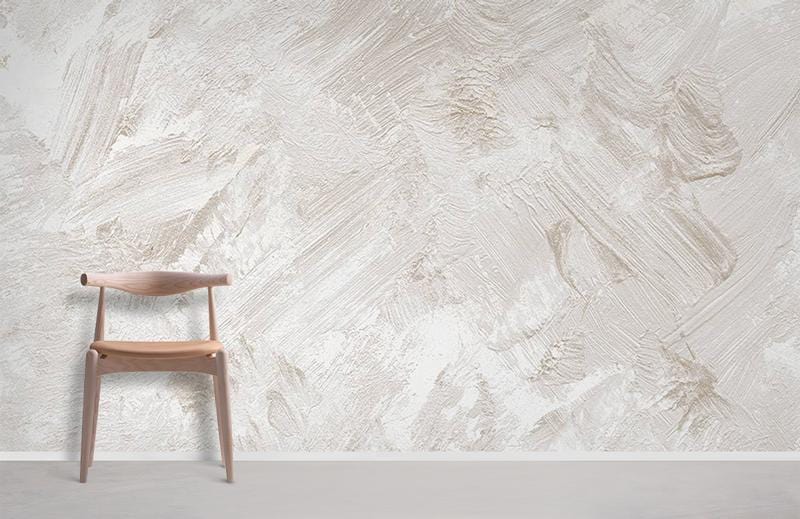 Elegant Beige Textured Brushstroke Wallpaper in modern interior with wooden chair on concrete flooring.