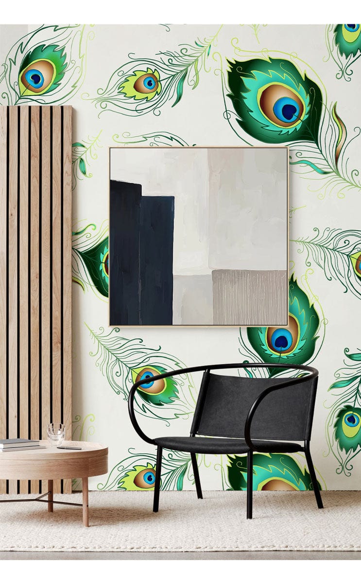 Peacock Feather Oasis wallpaper, black chair, wood panel, abstract art, cream rug in living room.