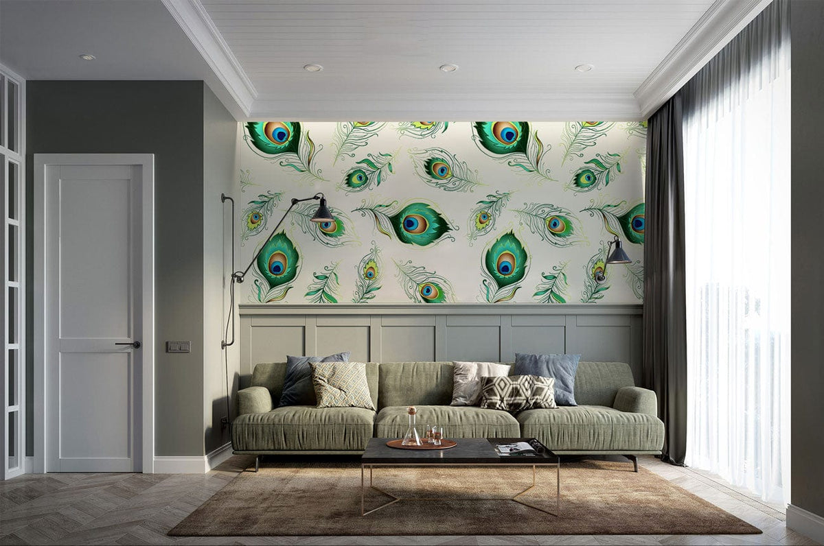 Elegant green Art Deco wallpaper with peacock feathers in stylish living room featuring a grey sofa.