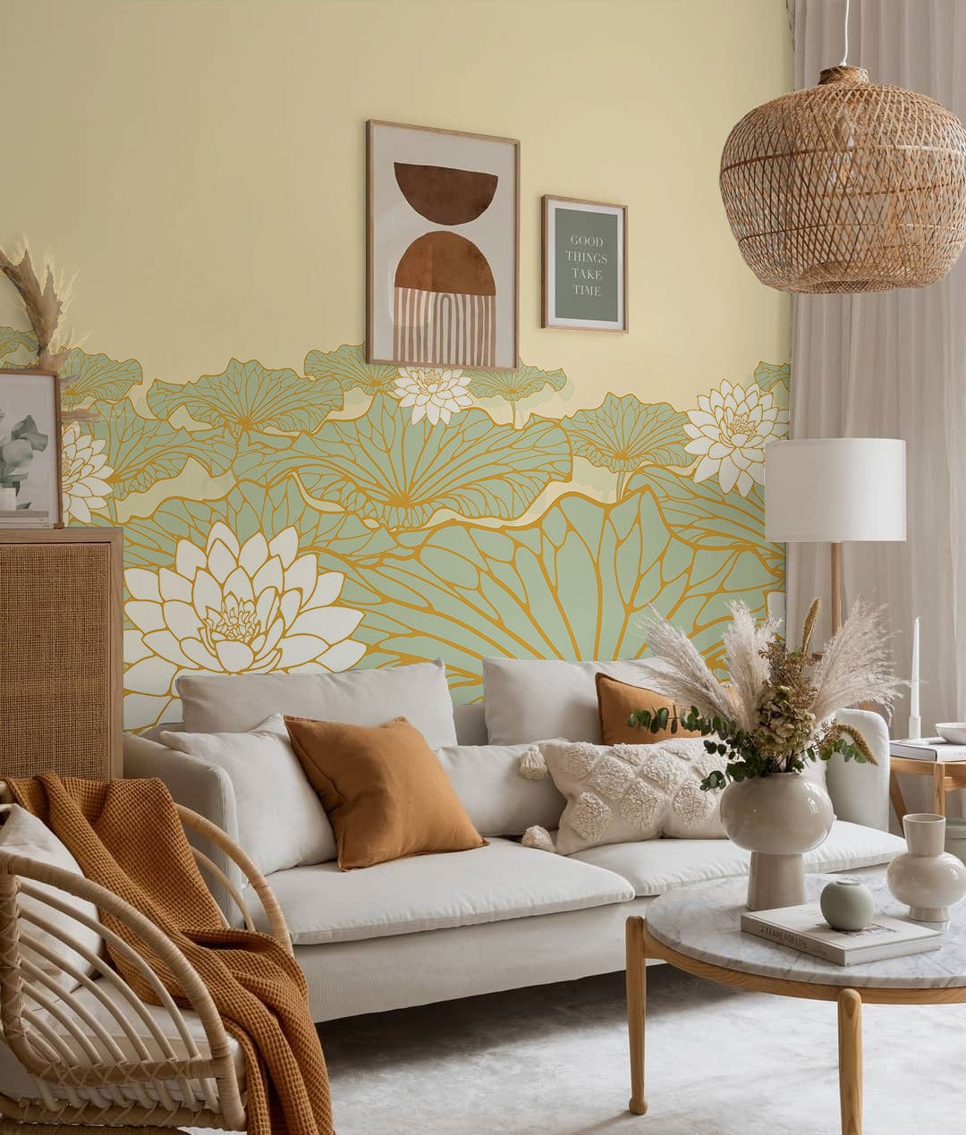 Elegant Gold and Green Lotus Blossom Mural Wallpaper, cosy beige sofa, soft grey flooring, serene interior.