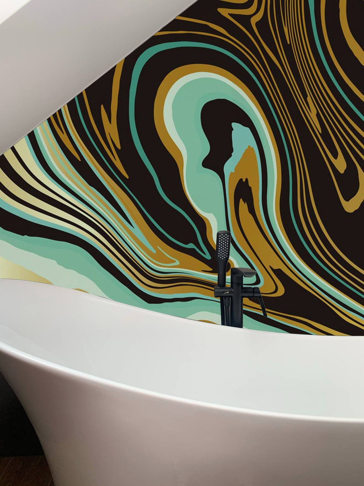 Luxury green gold marble wallpaper behind white bathtub in a modern bathroom setting.