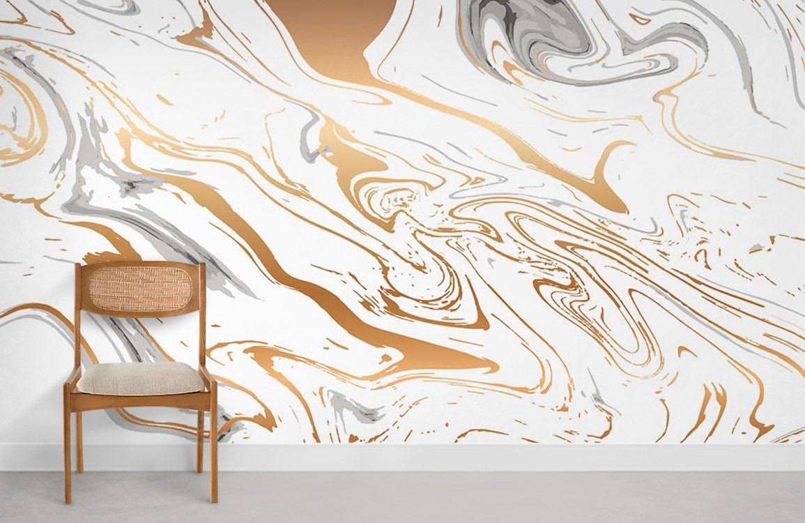 Elegant Gold and Grey Marble Swirl Mural Wallpaper, modern room, wooden chair, light flooring.