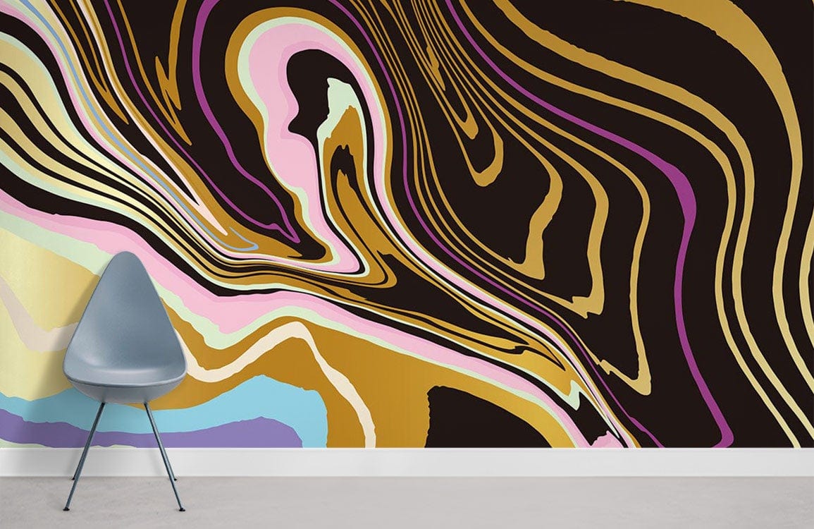 Psychedelic Swirl Pattern Mural Wallpaper, Black Gold Pastels, Chair, Minimalistic Decor, Concrete Floor.
