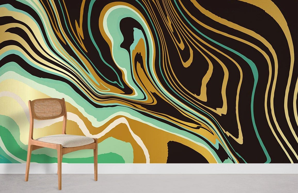 Luxury marble effect mural wallpaper, green and gold, modern chair, grey flooring, abstract design.