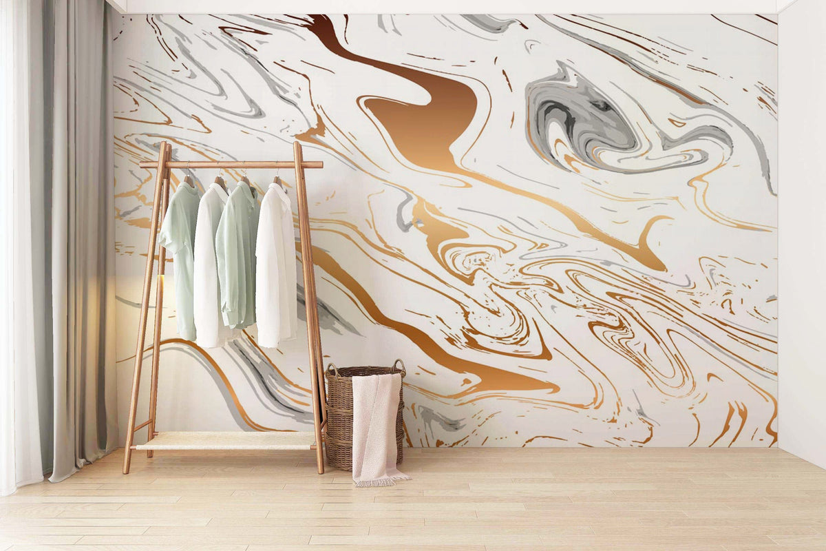 Elegant Gold and Grey Marble Swirl Mural Wallpaper in modern interior with light wooden flooring.