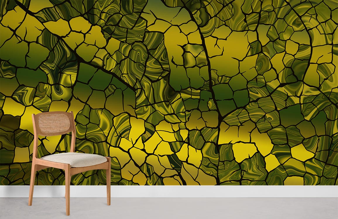 Contemporary green-yellow mosaic wallpaper with modern chair on grey flooring, perfect for home decor.