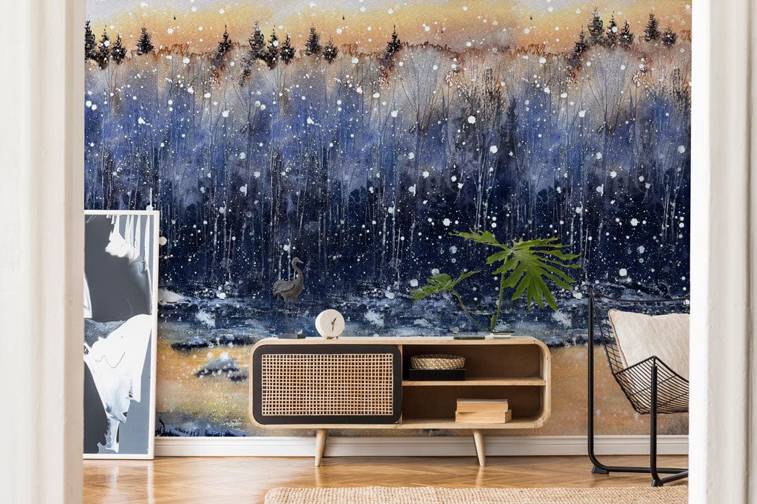 Tranquil Winter Forest Sunset Mural Wallpaper decor with neutral sideboard, modern chair, wood flooring.