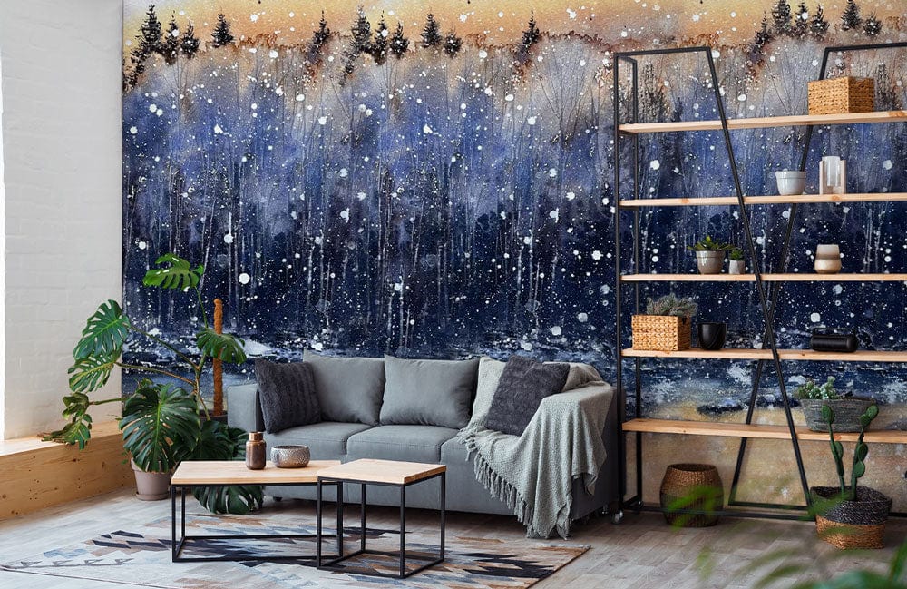 Tranquil Winter Forest Sunset Mural with grey sofa, industrial shelves, hardwood flooring, cosy living room.