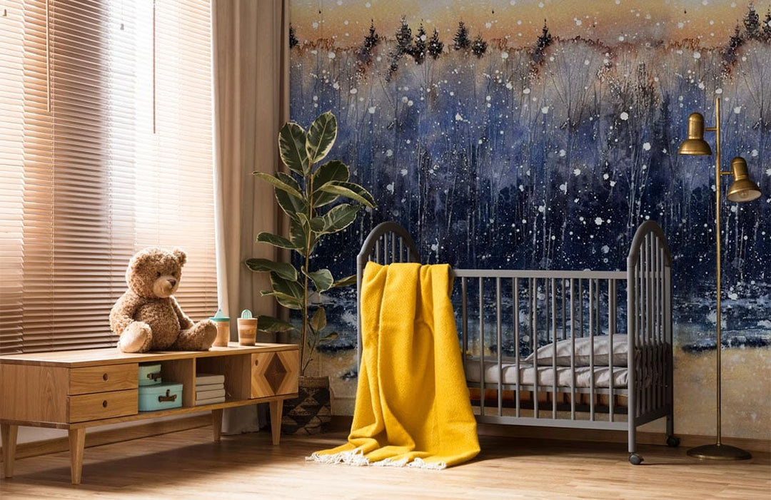 Tranquil Winter Forest Mural in nursery with wooden floor, grey crib, and golden lamp.