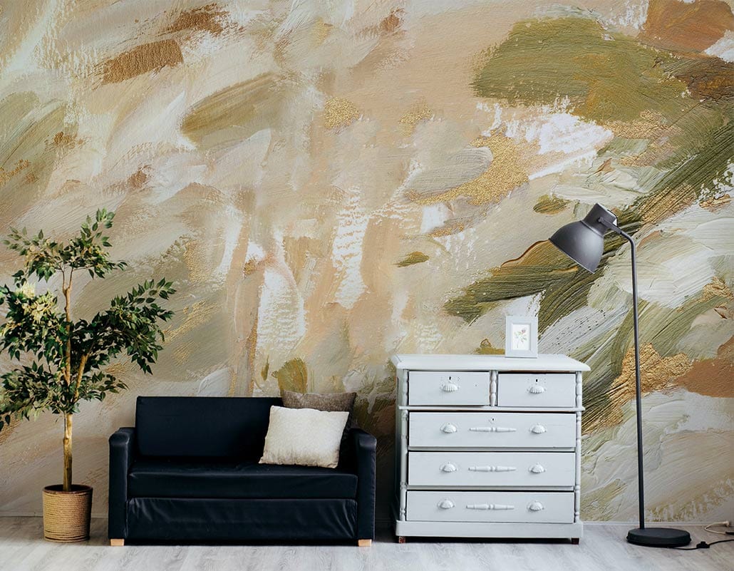 Abstract Brushstroke Beige and Olive Mural Wallpaper in modern living room with black sofa, white dresser.