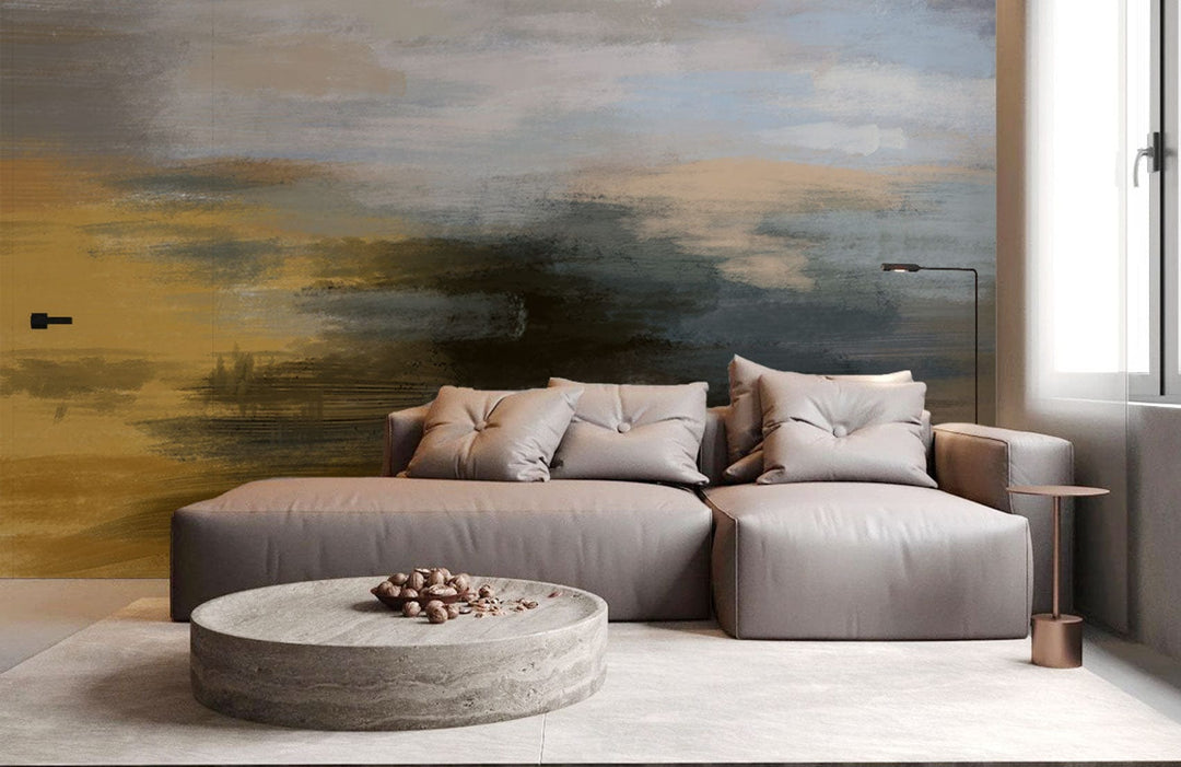 Contemporary British interior with Abstract Earth Tone Sky Mural, grey sofa, modern coffee table, window light.