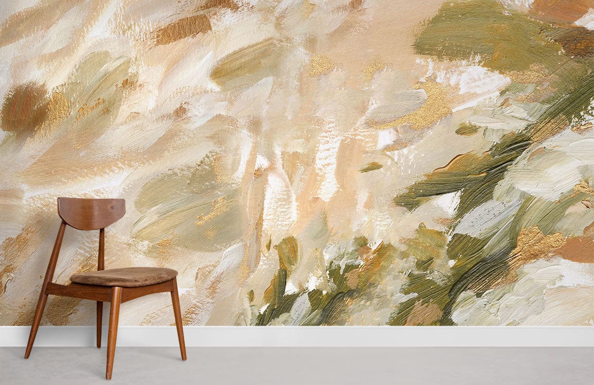 Abstract Brushstroke Beige and Olive Artistic Mural Wallpaper, wooden chair, modern interior, white skirting.