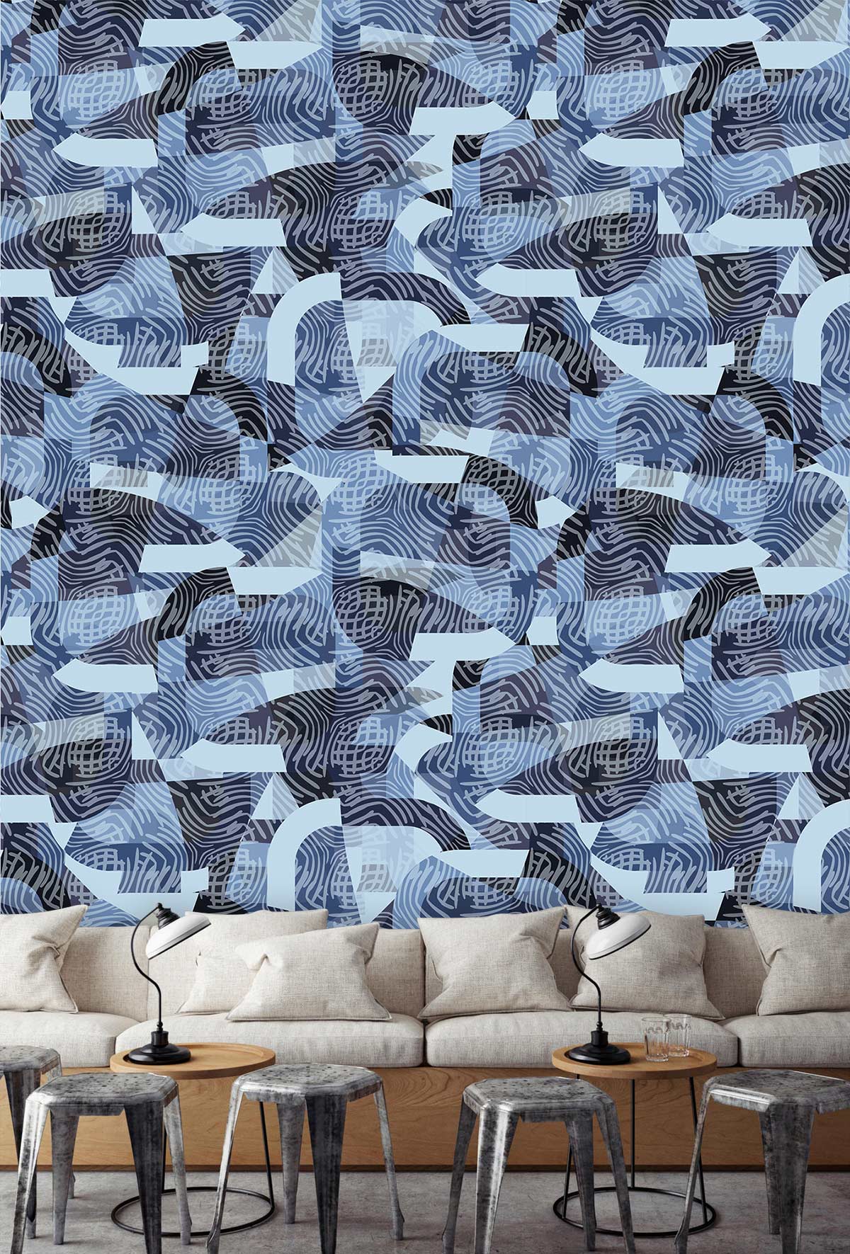 Abstract blue geometric wallpaper in modern nautical style with beige sofa, grey flooring, minimalist decor.