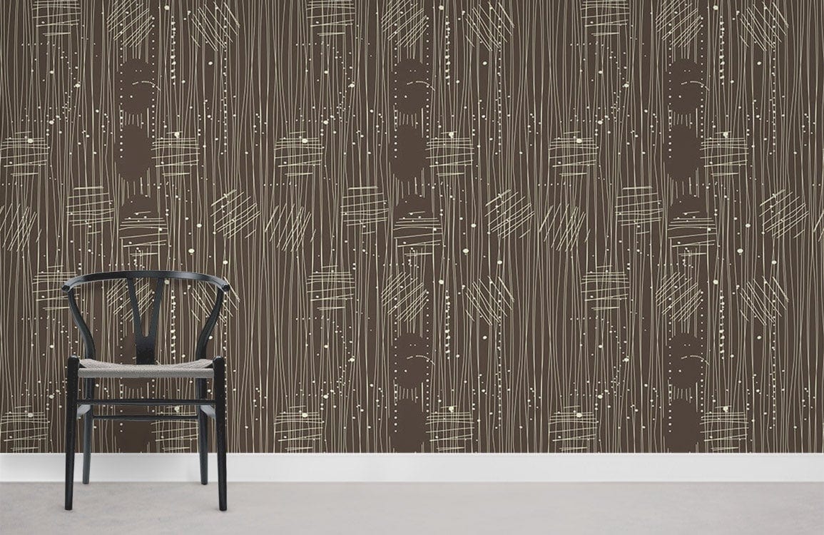 Modern chic wallpaper with abstract earthy tones and line pattern, featuring black chair on grey flooring.