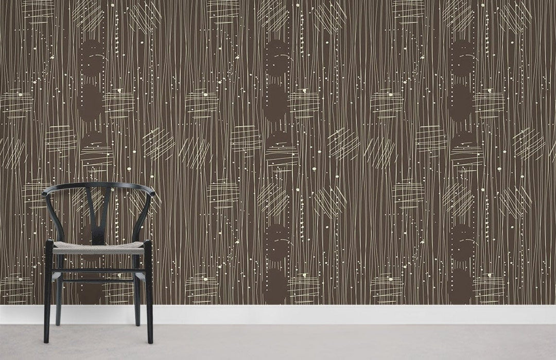 Modern chic wallpaper with abstract earthy tones and line pattern, featuring black chair on grey flooring.