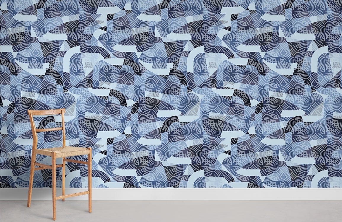 Abstract blue geometric wallpaper, modern nautical style, wooden chair, grey flooring, minimalist room setting.