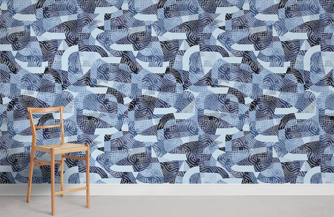 Abstract blue geometric wallpaper, modern nautical style, wooden chair, grey flooring, minimalist room setting.