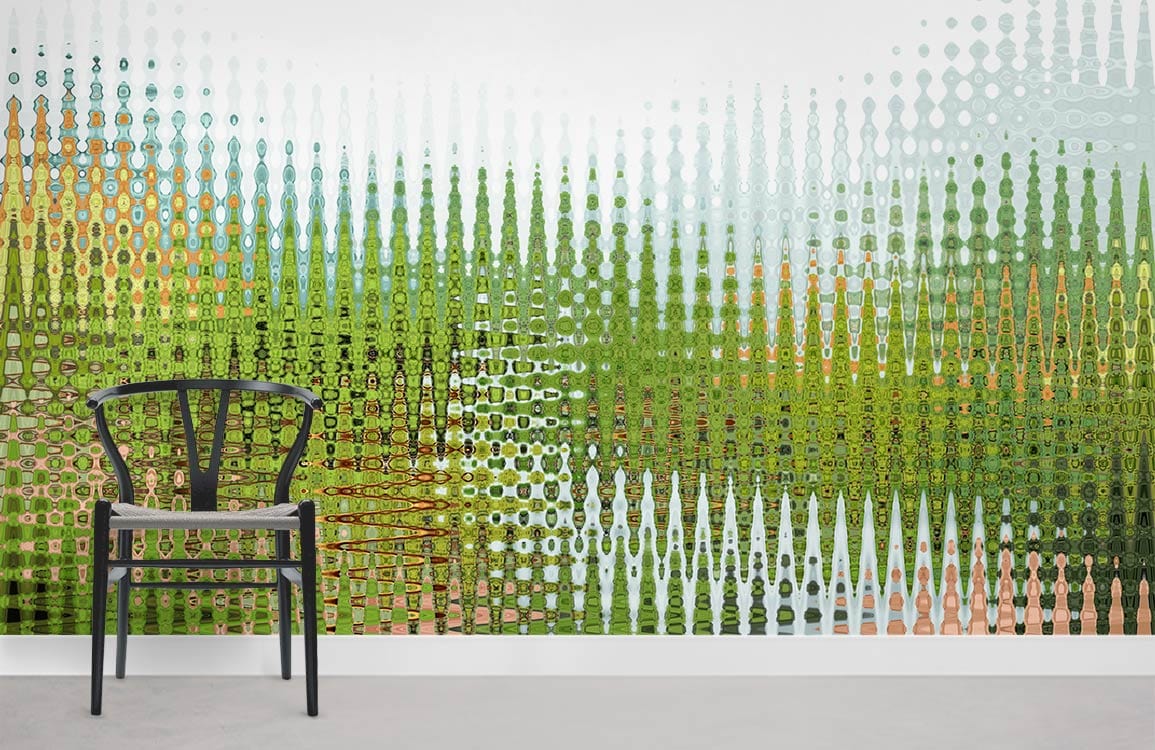 Abstract green geometric wallpaper in modern living space with black chair and grey flooring.