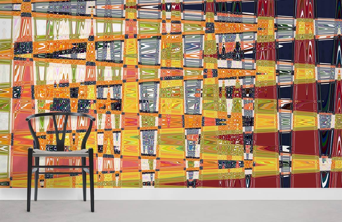 Vibrant geometric mural wallpaper in colourful abstract design; features modern chair, grey flooring, white wall.