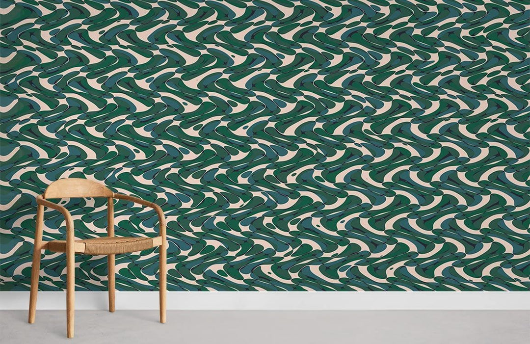 Abstract green wave wallpaper with wooden chair, modern geometric style, grey flooring, interior design.