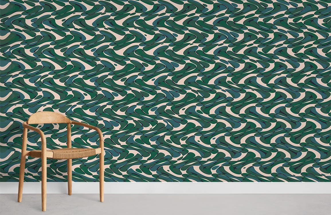 Abstract green wave wallpaper with wooden chair, modern geometric style, grey flooring, interior design.