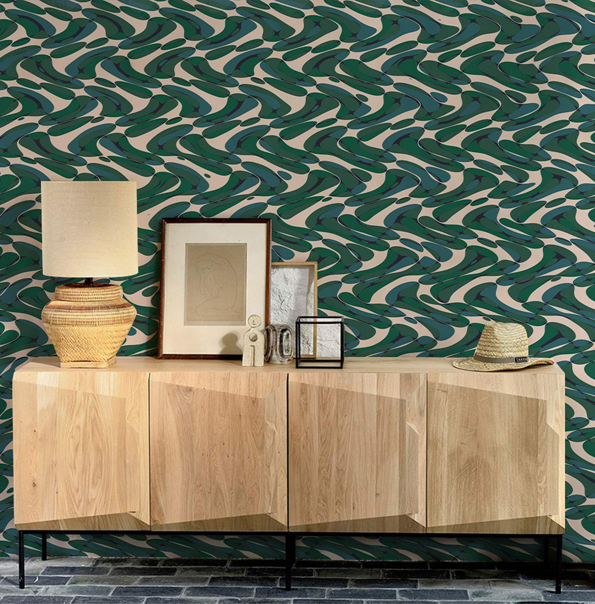 Abstract Green Wave Pattern Wallpaper - modern geometric design with light wood cabinet, grey flooring.