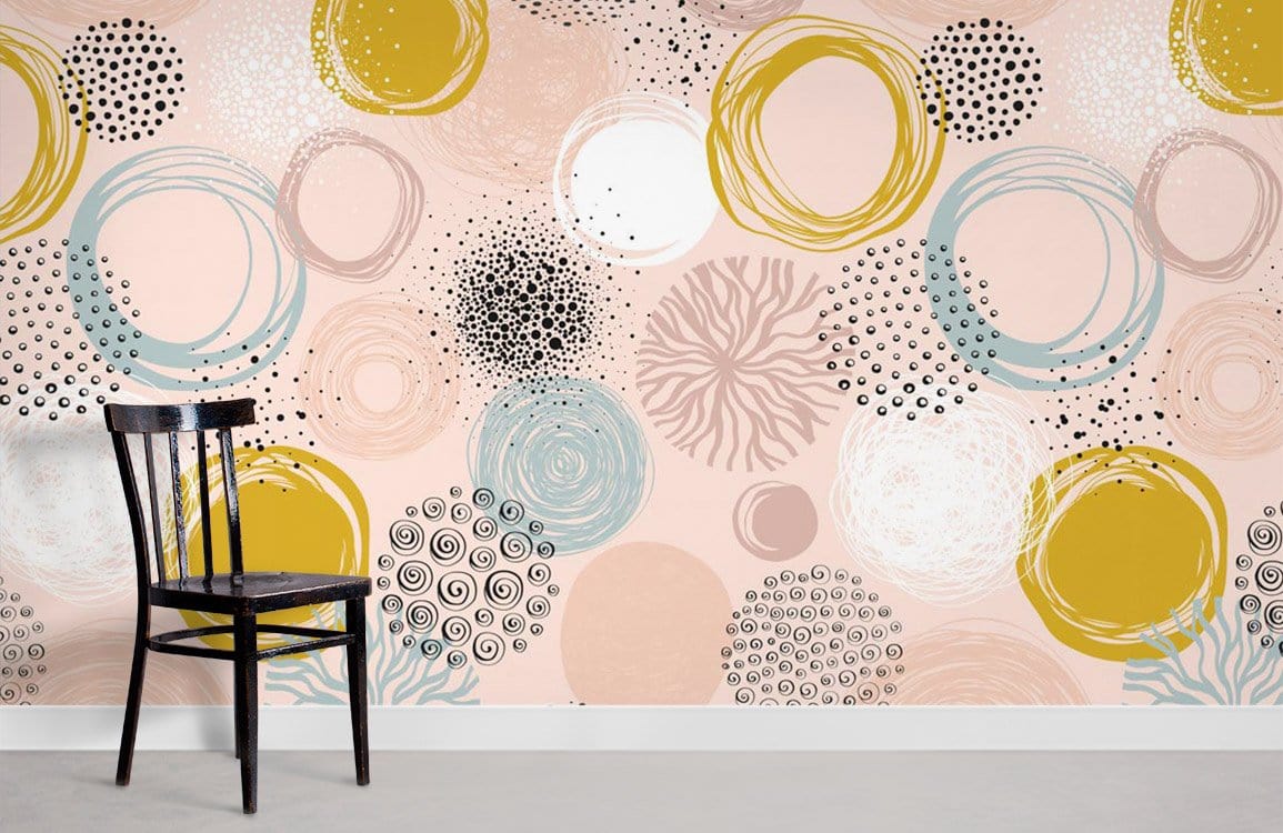 Abstract Pastel Circles wallpaper with yellow accents featuring black chair, modern room design.