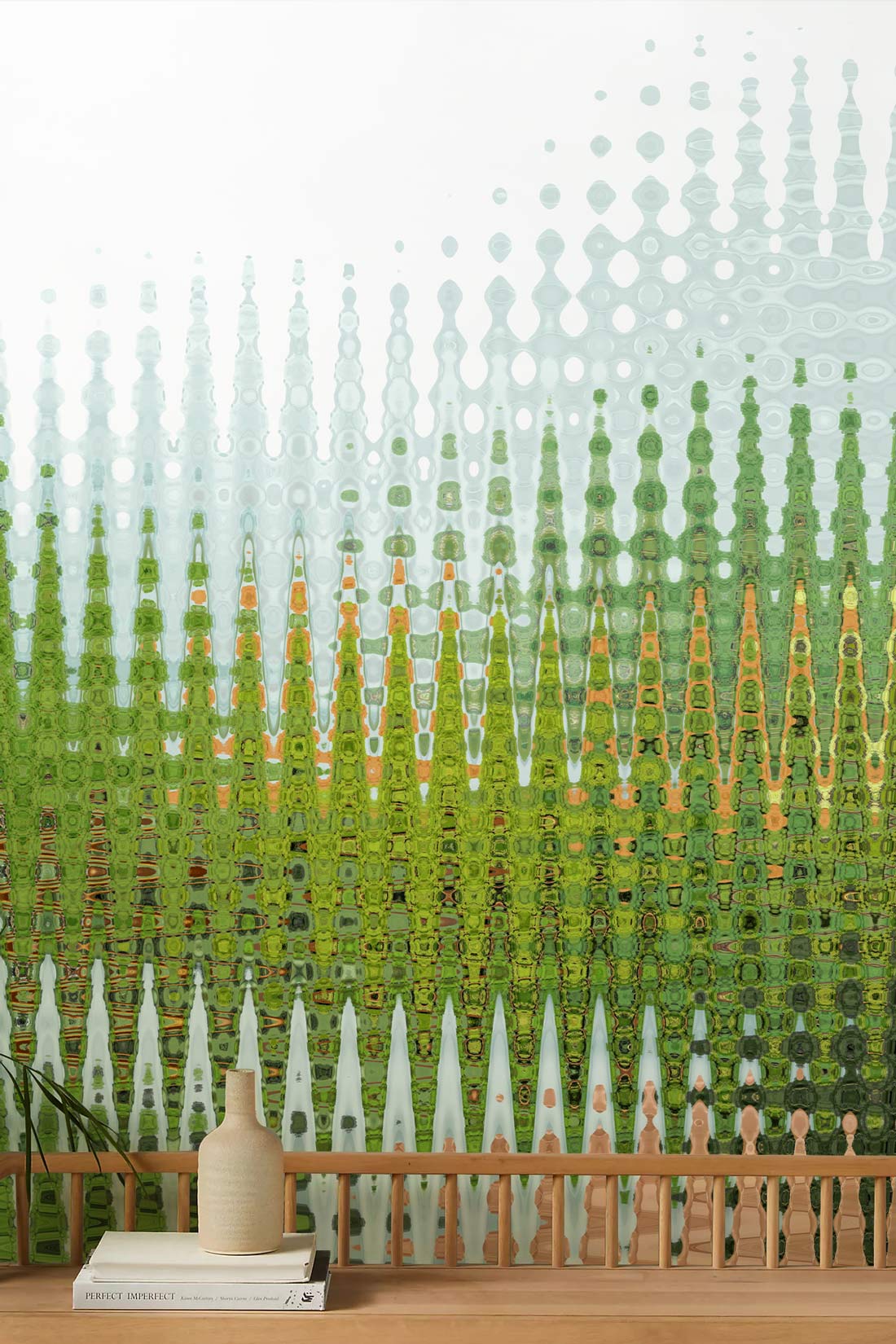 Abstract green geometric art wallpaper in modern living space with wooden bench and table vase.