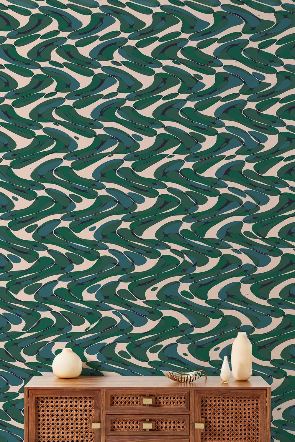 Abstract green wave wallpaper, geometric design, and wooden sideboard in modern interior setting.