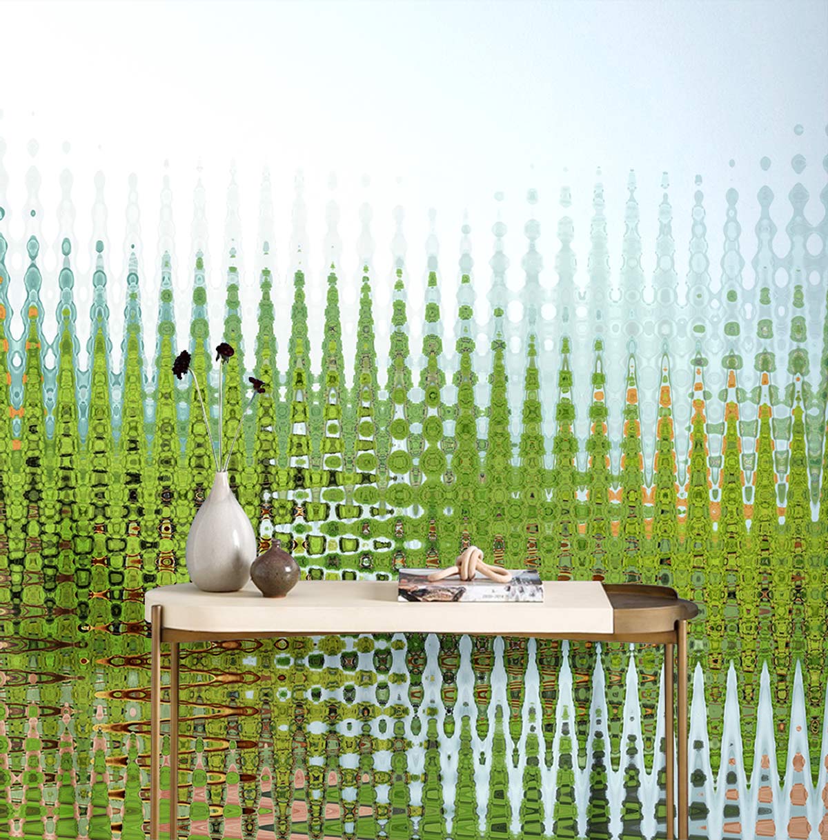 Abstract green geometric pattern wallpaper, modern living space, wooden console table, decorative vase.