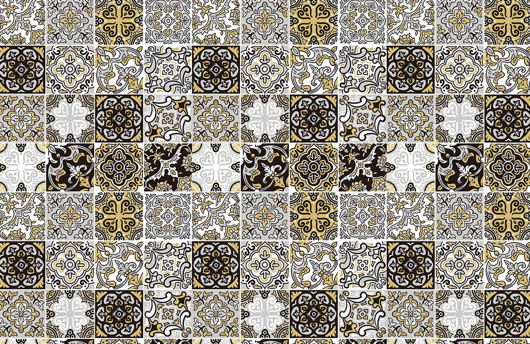 Vintage Moroccan Tile Pattern Wallpaper in Gold and Black Accent