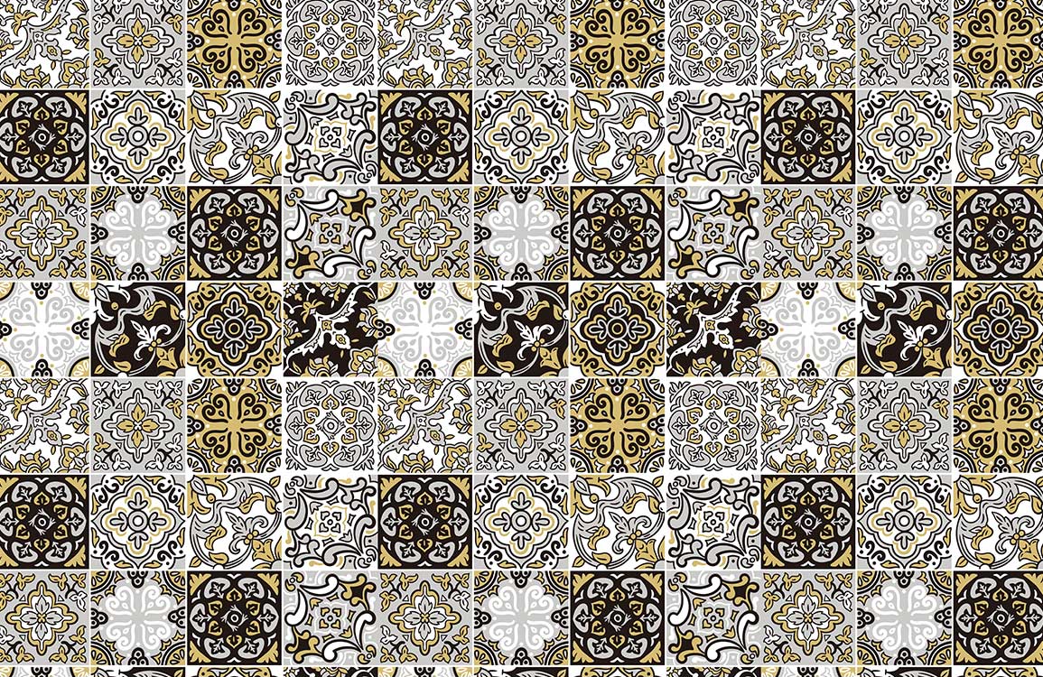 Vintage Moroccan Tile Pattern Wallpaper in Gold and Black Accent