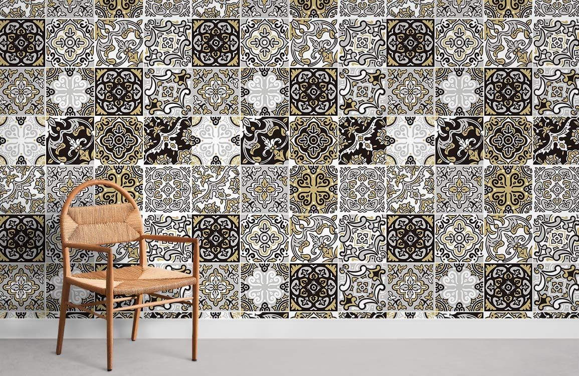 Vintage Moroccan tile wallpaper in gold and black, featuring a wooden chair, enhancing room decor.