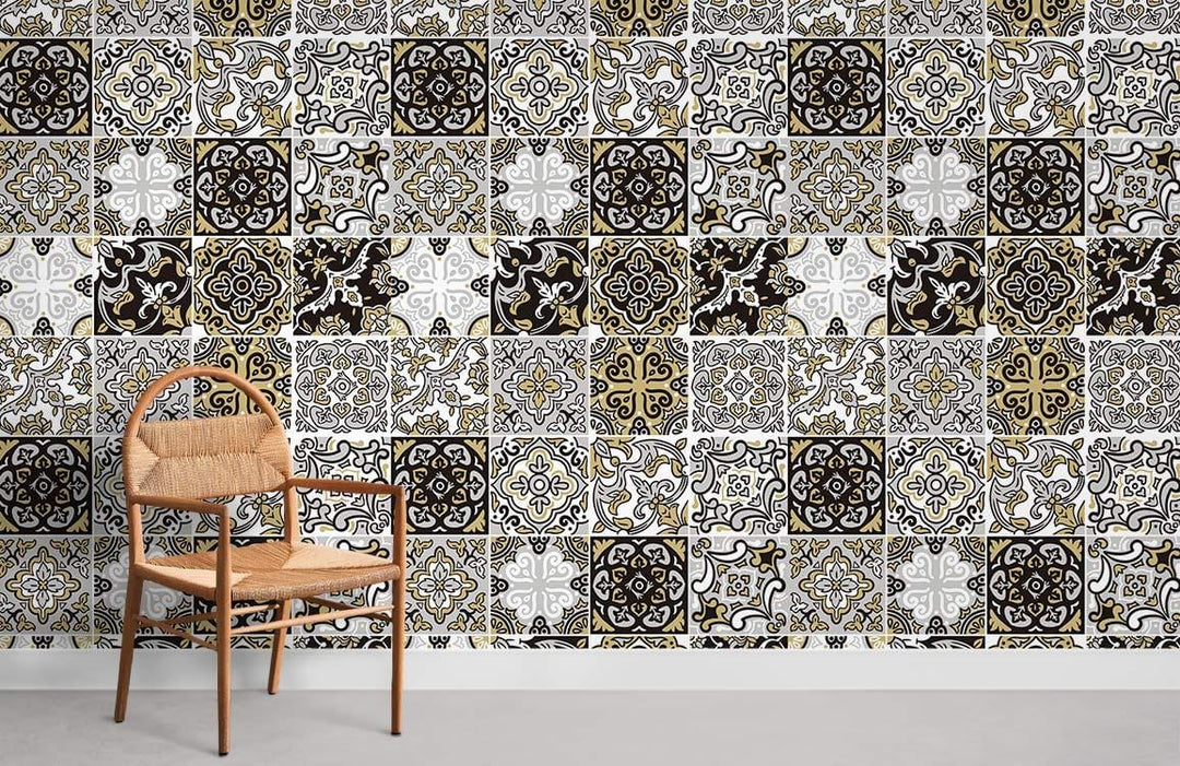 Vintage Moroccan tile wallpaper in gold and black, featuring a wooden chair, enhancing room decor.