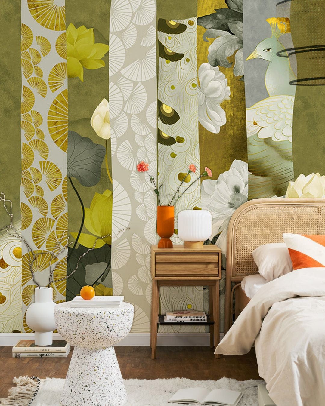 Elegant green and gold peacock wallpaper, cream rattan bed, floral decor, contemporary bedroom setting.