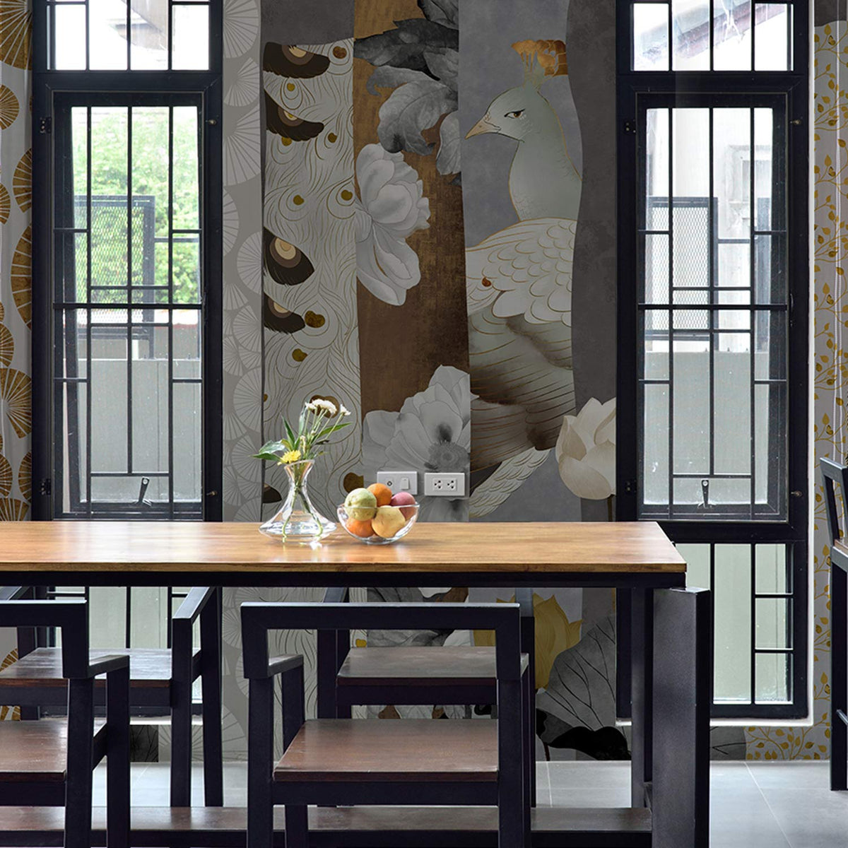 Elegant Botanical Grey and Gold Mural Wallpaper in dining room, featuring wooden table and chairs.