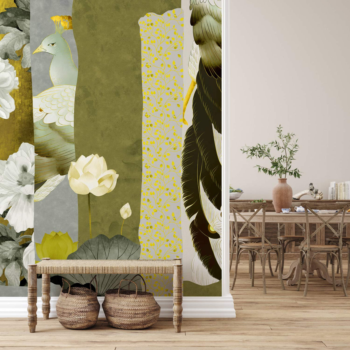 Elegant wallpaper with peacock, floral patterns; wicker bench, wooden flooring; dining room setting.