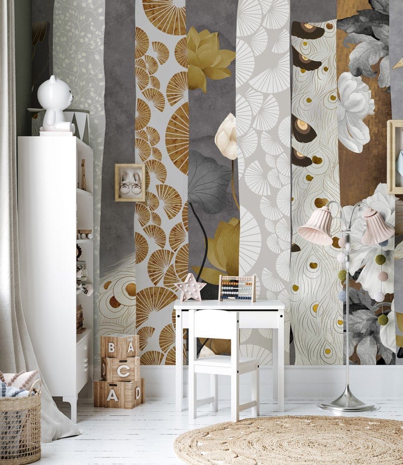 Elegant botanical mural wallpaper with grey and gold tones, white shelving, and modern children's table setting.