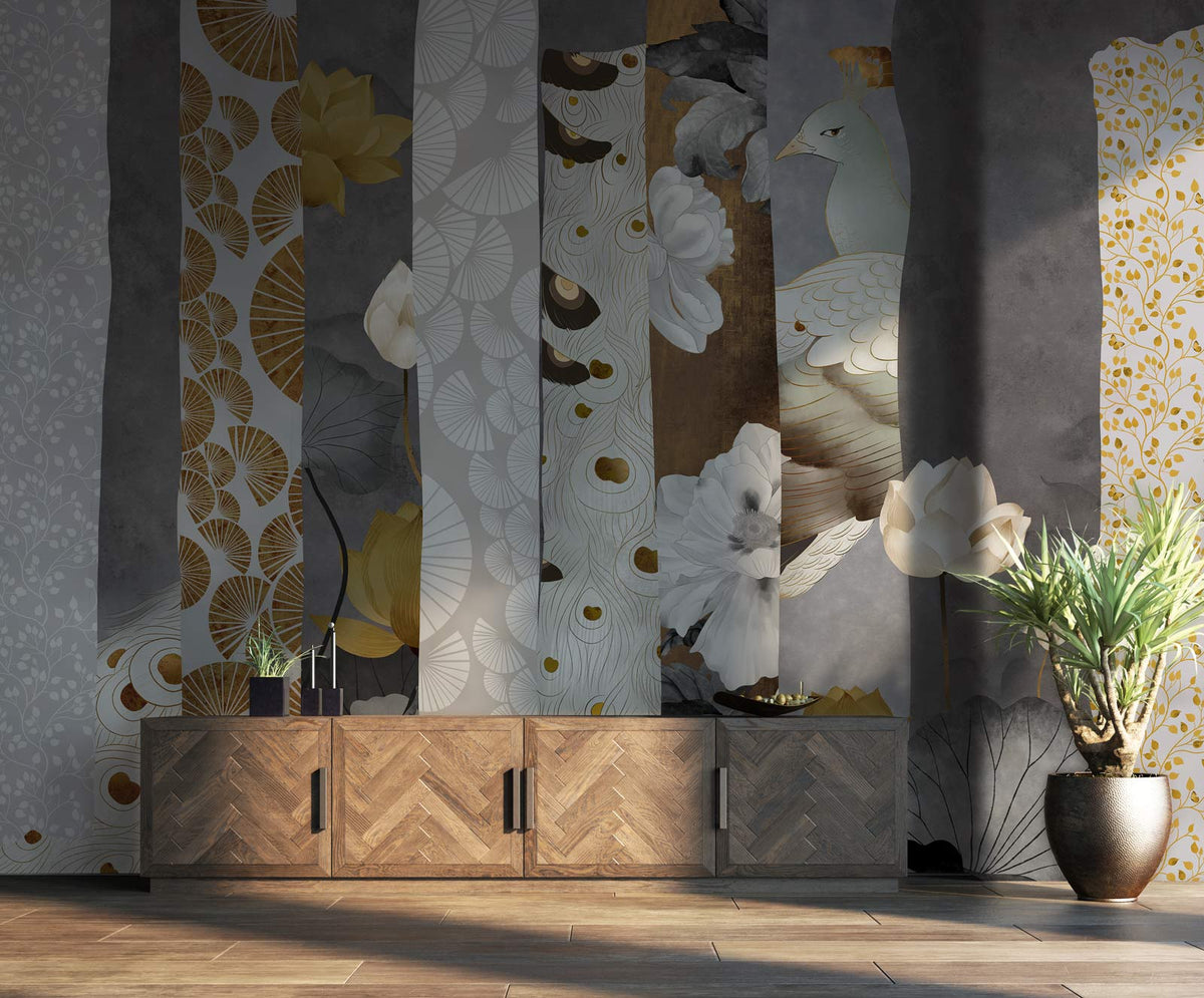 Elegant Botanical Grey and Gold mural wallpaper showcases luxury design with wood sideboard, potted plant.