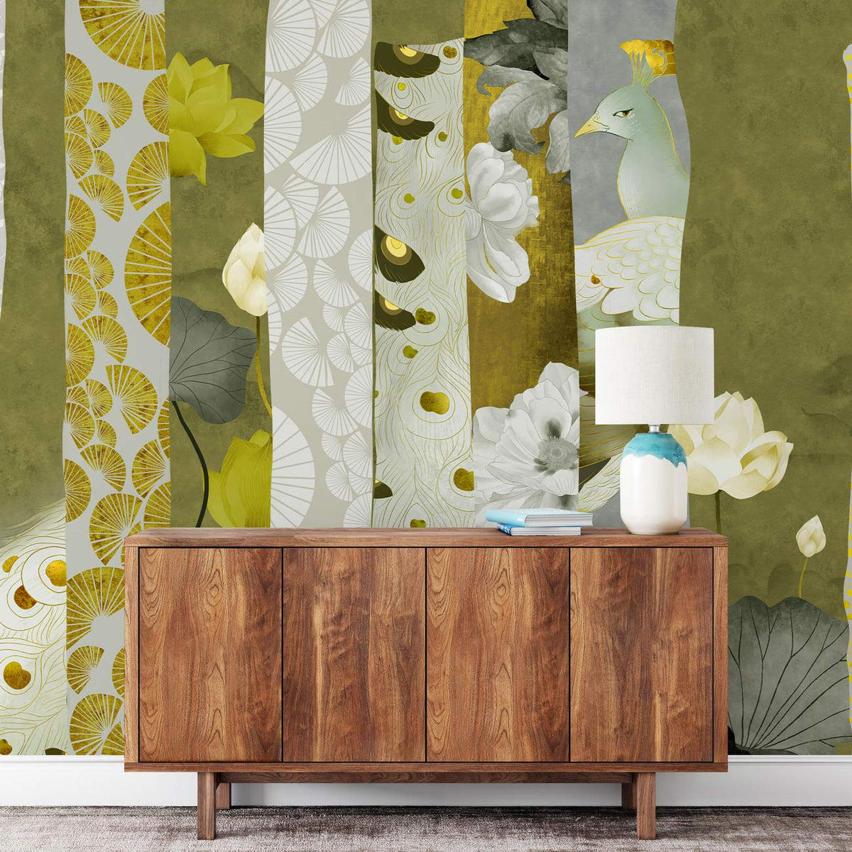 Elegant floral wallpaper with peacocks, wooden sideboard, white lamp, and green backdrop in living room.
