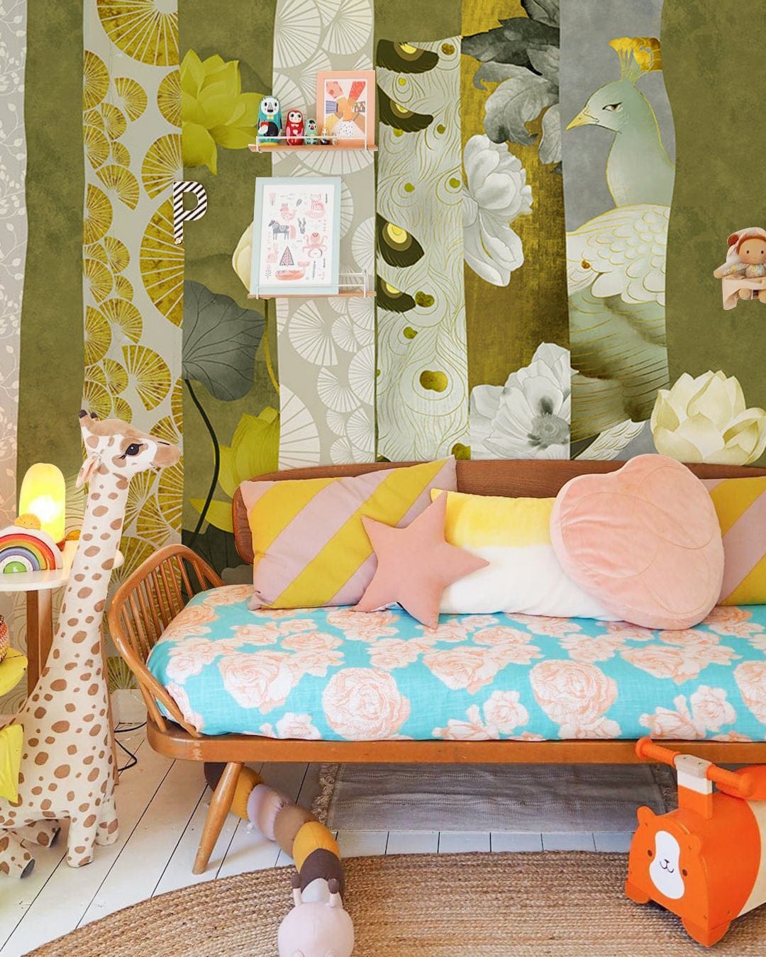 Elegant green and gold floral wallpaper with peacocks, colourful sofa, and white wooden flooring.
